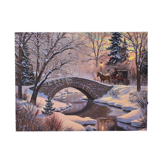Winterdruck auf Leinwand mit LED- und Glasfaserlicht, 30x40 cm, 3AA (nicht inkl.), Zug