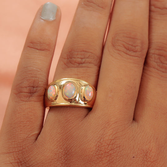 Natürlicher Äthiopischer Opal 3 Stein Ring 925 Silber vergoldet (Größe 20.00) ca. 1,25 ct