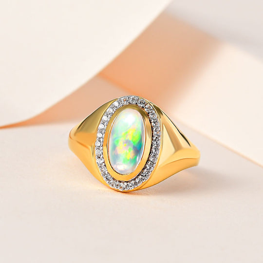 Natürlicher, äthiopischer Welo Opal, Weißer Zirkon Ring, 925 Silber Gelbgold Vermeil (Größe 20.00) ca. 1.20 ct