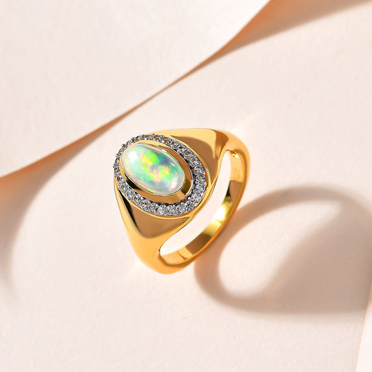 Natürlicher, äthiopischer Welo Opal, Weißer Zirkon Ring, 925 Silber Gelbgold Vermeil (Größe 20.00) ca. 1.20 ct