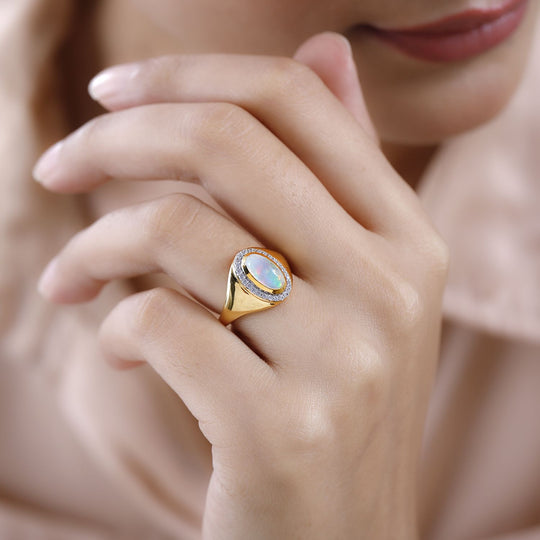 Natürlicher, äthiopischer Welo Opal, Weißer Zirkon Ring, 925 Silber Gelbgold Vermeil (Größe 20.00) ca. 1.20 ct
