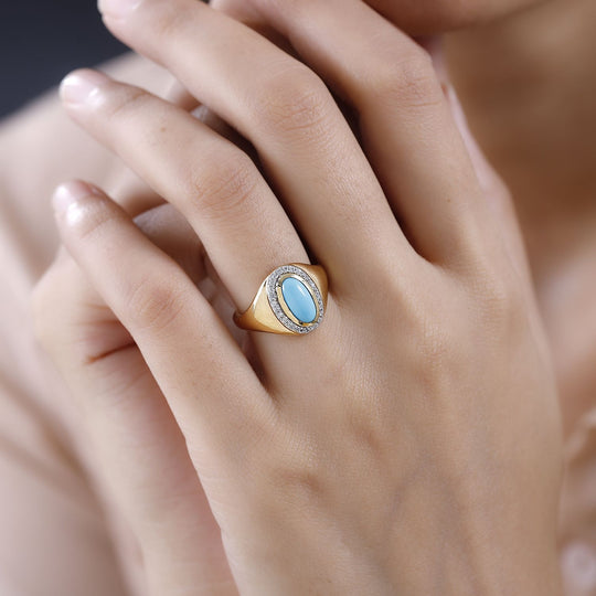 Amerikanischer, natürlicher Sleeping Beauty Türkis, Weißer Zirkon Ring, 925 Silber Gelbgold Vermeil, (Größe 17.00) ca. 1.30 ct