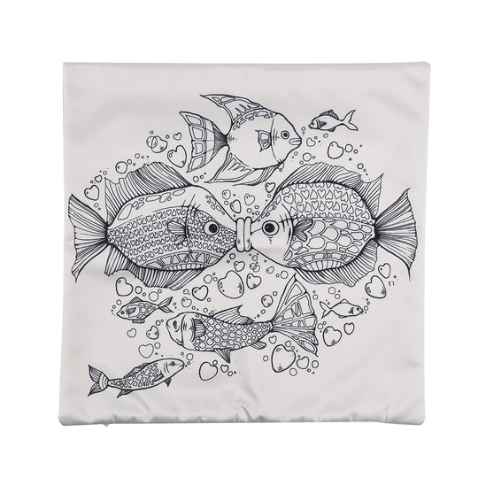 2er-Set, DIY Kissenbezug zum Bemalen mit 8 Textilfarb-Stiften, Größe 45x45 cm, Weiß, Fische