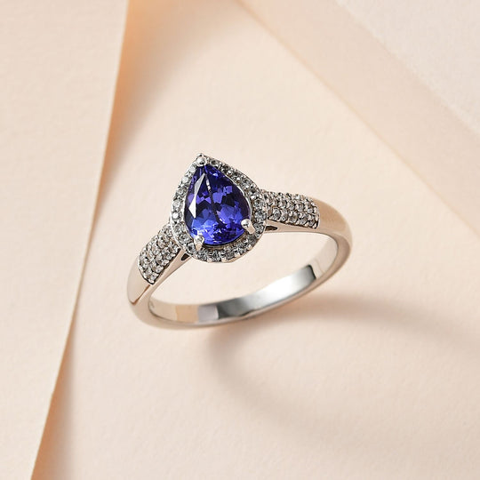 AA Tansanit, Weißer Zirkon Ring, 925 Silber platiniert (Größe 20.00) ca. 1.34 ct