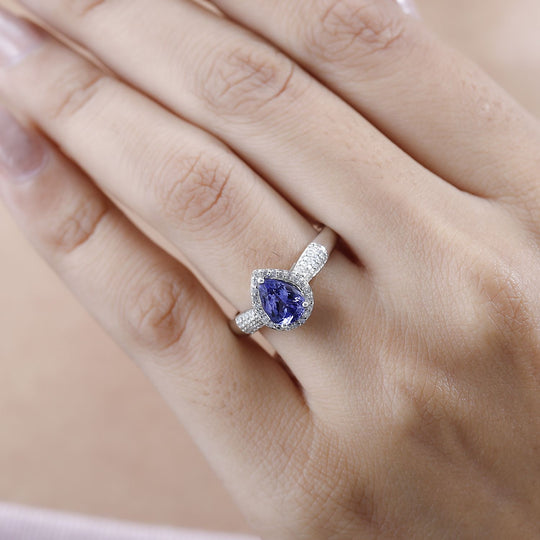 AA Tansanit, Weißer Zirkon Ring, 925 Silber platiniert (Größe 20.00) ca. 1.34 ct