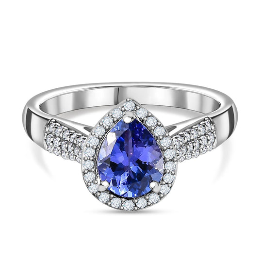 AA Tansanit, Weißer Zirkon Ring, 925 Silber platiniert (Größe 20.00) ca. 1.34 ct