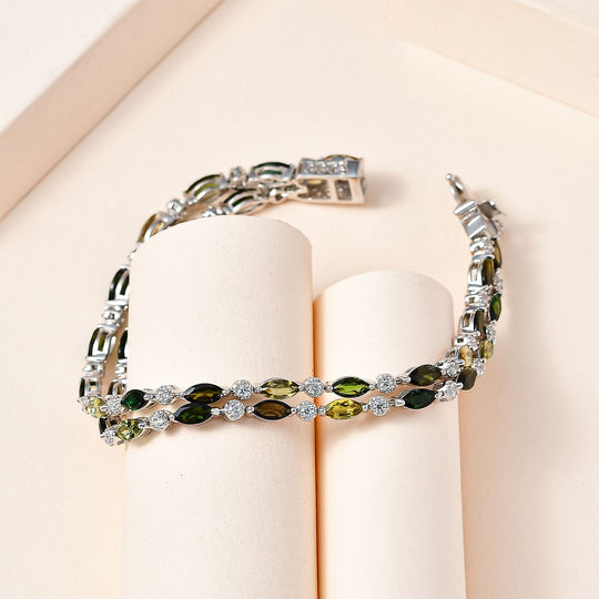 Mehrfarbig-Turmalin, Weißer Zirkon Armband ca. 19 cm 925 Silber Platiniert ca. 12,03 ct.