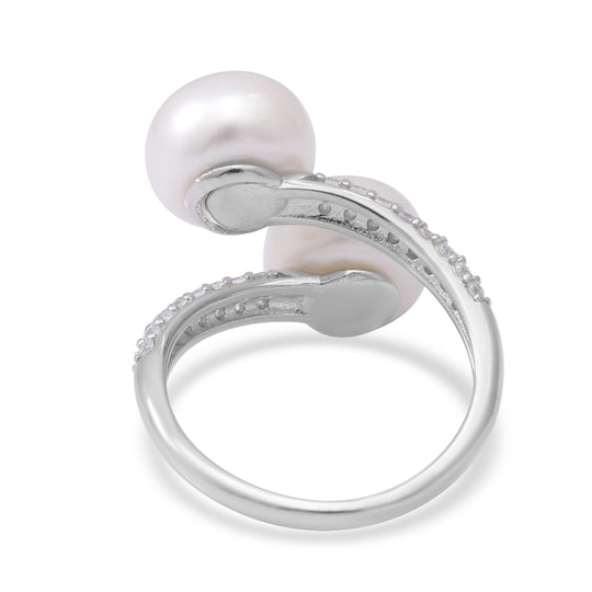 Weiße Süßwasser Perle und Simulierter Weißer Diamant Bypass Ring 925 Silber rhodiniert ca. 0,57 ct