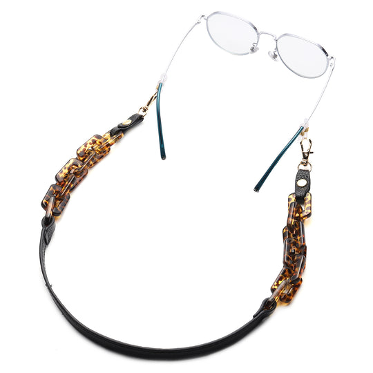 Brillenkette mit 100% Lederband, Leopardenmuster, Schwarz und Gold