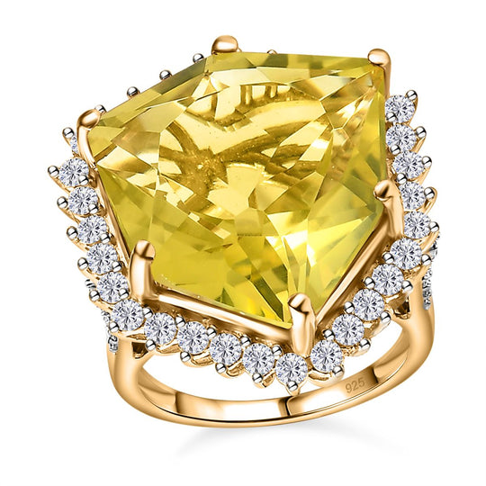 AA Ouro Verde-Quarz, Weißer Zirkon Ring, 925 Silber vergoldet, (Größe 18.00) ca. 19.86 ct