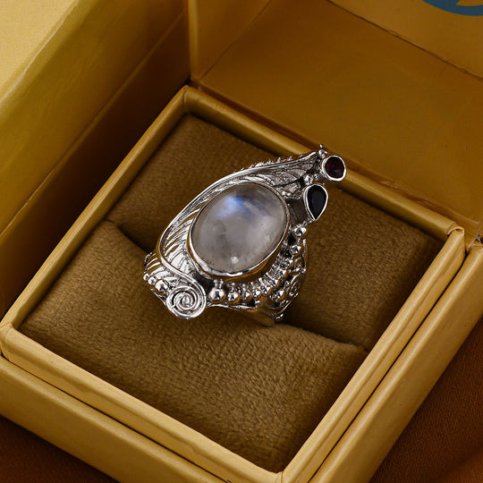 Sajen Silber - Regenbogen Mondstein, Afrikanischer Amethyst Ringe 925 Silber (Größe 17.00) ca. 9.53 ct