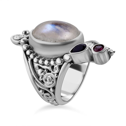 Sajen Silber - Regenbogen Mondstein, Afrikanischer Amethyst Ringe 925 Silber (Größe 17.00) ca. 9.53 ct