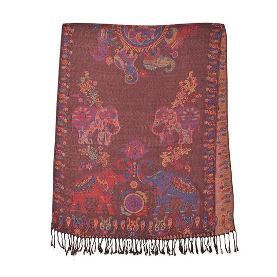 Jacquard Schal mit bunten Elefanten Motiv, 180x70 cm + Fransen, schoko