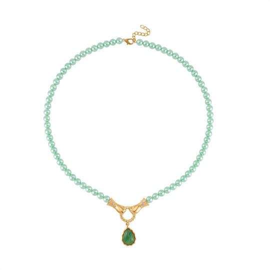 Weiße und rote Kristall, Verde Onyx und grüne 8mm Muschelkernperle 60+5cm Halskette, Legierung