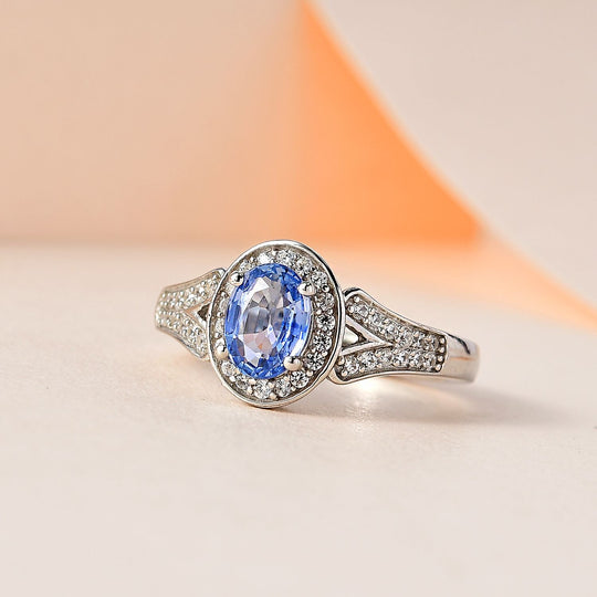 Blauer Ceylon-Saphir, Weißer Zirkon Ring, 925 Silber platiniert (Größe 19.00) ca. 1.42 ct