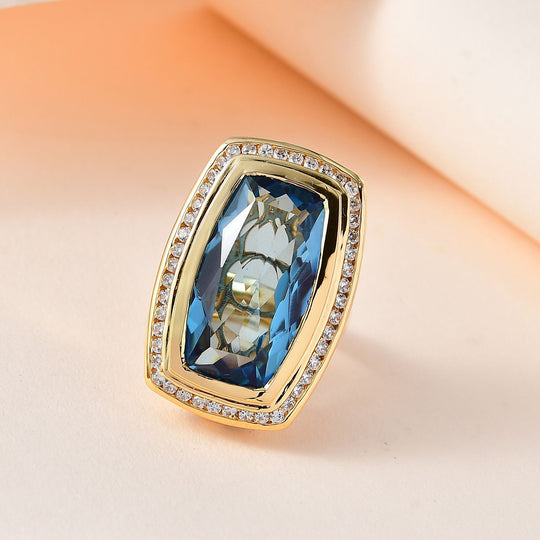 Paraiba Blau Quarz Triplette, weißer Zirkon Ring, 925 Silber Gelbgold Vermeil ca. 15.80 ct