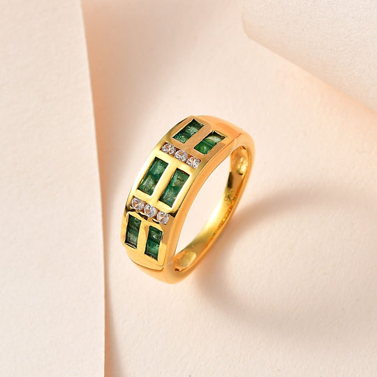 Kagem Sambischer Smaragd, Weißer Zirkon Ring, 925 Silber vergoldet (Größe 18.00) ca. 0.84 ct