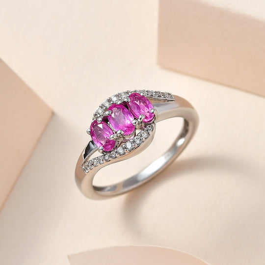 Ilakaka Rosa Saphir (Fissure gefüllt), Weißer Zirkon Ring, 925 Silber platiniert ca. 1.33 ct