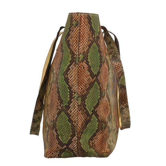 100% Genuine Leather Tote Bag Theme: Snake foil Print Color: Green & Brown Size: 9.65 x 6.88 x 3.14 inches