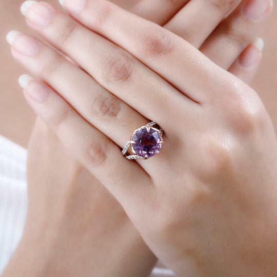 Rose De France Amethyst, Weißer Zirkon Ring, 925 Silber Roségold Vermeil (Größe 19.00) ca. 8.04 ct