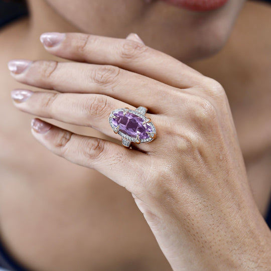Rose De France Amethyst, Weißer Zirkon Ring, 925 Silber rosévergoldet, (Größe 18.00), ca. 9.14 ct