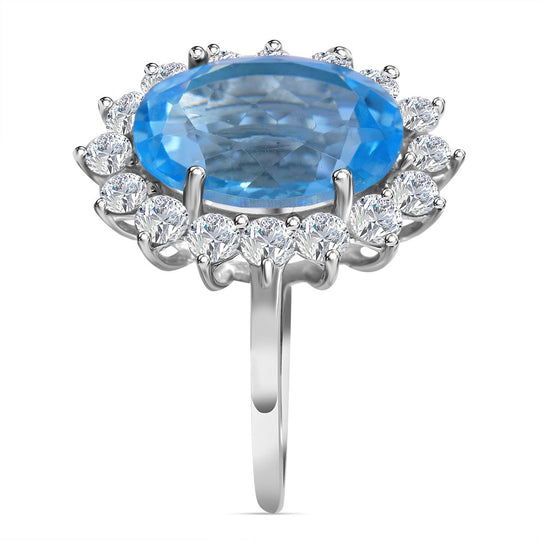 Himmelblauer Topas, weißer Zirkon Ring, 925 Silber rhodiniert ca. 9.68 ct