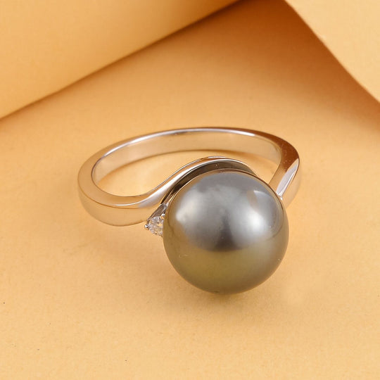 Tahiti Perle (11-12mm) und Moissanit Ring, 925 Silber rhodiniert
