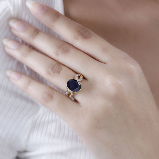 Diffundierter blauer Saphir, Weißer Zirkon Ring, 925 Silber Gelbgold Vermeil (Größe 21.00) ca. 4.57 ct