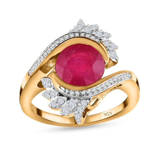 Afrikanischer Rubin (Fissure gefüllt), Weißer Zirkon Ring, 925 Silber Gelbgold Vermeil (Größe 21.00) ca. 3.10 ct