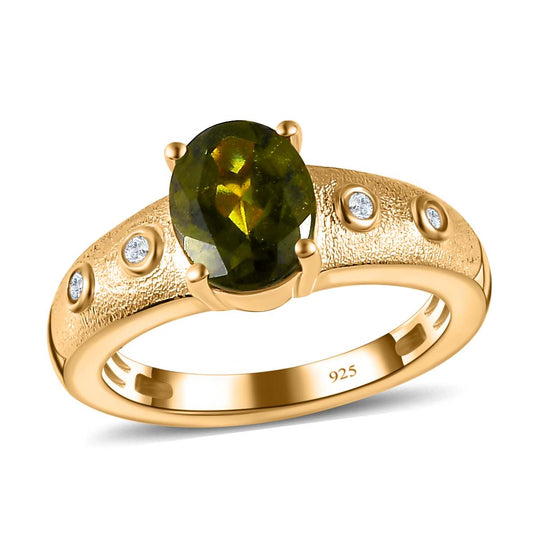 AA Natürlicher, italienischer Vesuvianit, Weißer Zirkon Ring, 925 Silber Gelbgold Vermeil, (Größe 17.00) ca. 2.09 ct