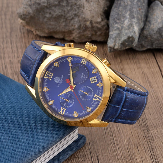 WILLIAM HUNT - 40mm Edelstahl-Uhr, japanisches Uhrwerk, weißes Zifferblatt, Moissanit, blauem Lederband, ca.5 ctca. 0.05 ct