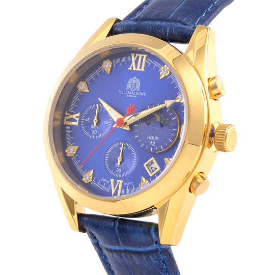 WILLIAM HUNT - 40mm Edelstahl-Uhr, japanisches Uhrwerk, weißes Zifferblatt, Moissanit, blauem Lederband, ca.5 ctca. 0.05 ct