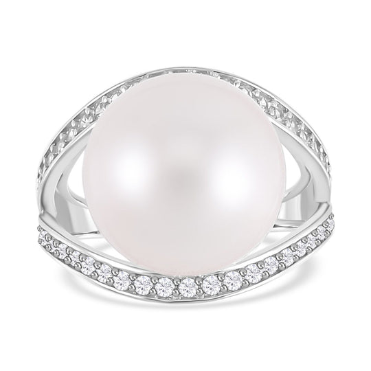 Weißer Edison Perle (14-15mm) und weißer Zirkon Ring, 925 Silber platiniert