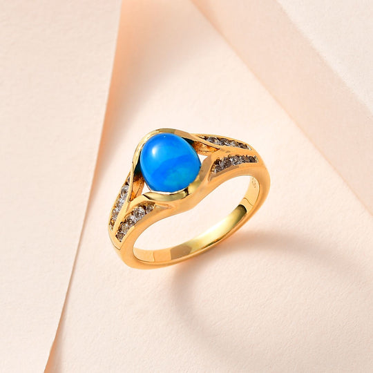 AA Miami Blau Welo Opal, Weißer Zirkon Ring, 925 Silber Gelbgold Vermeil, (Größe 21.00) ca. 1.56 ct