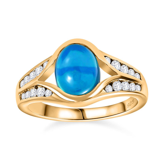 AA Miami Blau Welo Opal, Weißer Zirkon Ring, 925 Silber Gelbgold Vermeil, (Größe 21.00) ca. 1.56 ct