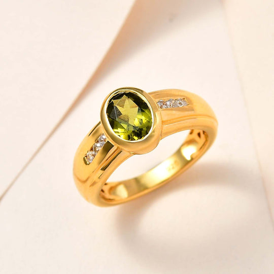 AA Natürlicher, italienischer Vesuvianit, Weißer Zirkon Ringe 925 Silber Gelbgold Vermeil (Größe 17.00) ca. 1.43 ct