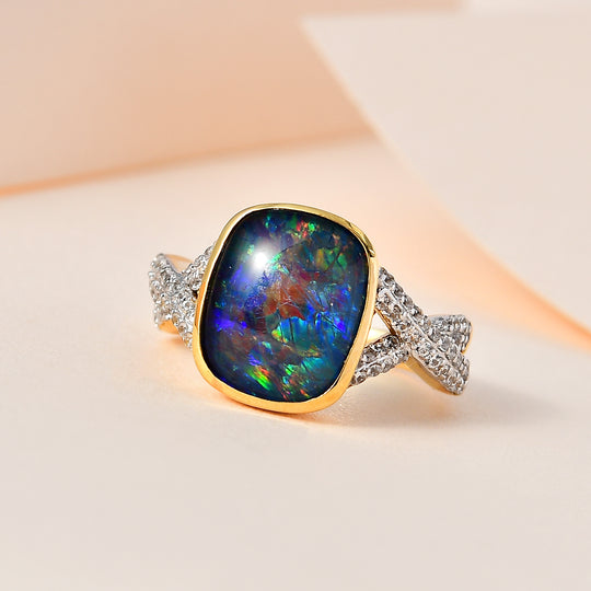 Boulder Opal Triplett und Zirkon Ring, 925 Silber Gelbgold Vermeil - 3,96 ct.