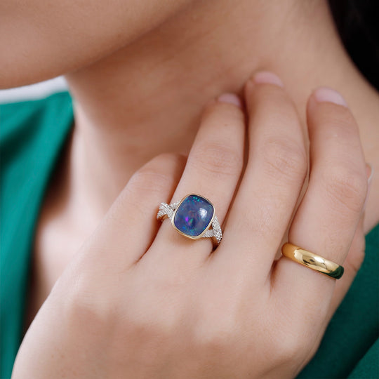 Boulder Opal Triplett und Zirkon Ring, 925 Silber Gelbgold Vermeil - 3,96 ct.