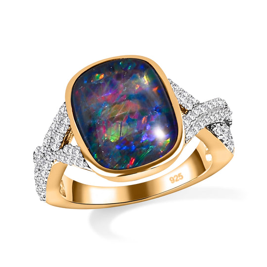 Boulder Opal Triplett und Zirkon Ring, 925 Silber Gelbgold Vermeil - 3,96 ct.