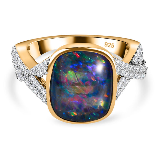 Boulder Opal Triplett und Zirkon Ring, 925 Silber Gelbgold Vermeil - 3,96 ct.