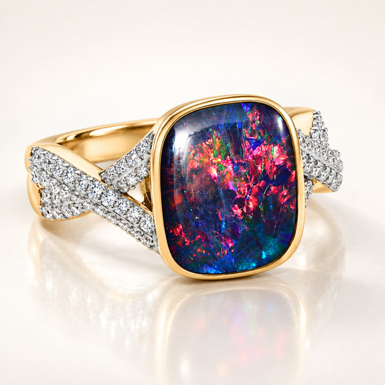 Boulder Opal Triplett und Zirkon Ring, 925 Silber Gelbgold Vermeil - 4 ct.