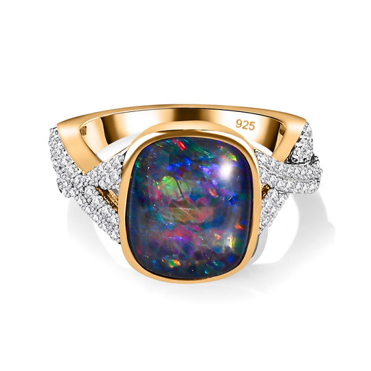 Boulder Opal Triplett und Zirkon Ring, 925 Silber Gelbgold Vermeil - 3,96 ct.