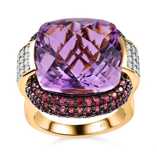 AAA Rose De France Amethyst, Natürlicher Rhodolith Granat Ring, 925 Silber Gelbgold Vermeil (Größe 18.00) ca. 20.61 ct