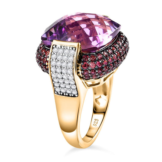 AAA Rose De France Amethyst, Natürlicher Rhodolith Granat Ring, 925 Silber Gelbgold Vermeil (Größe 18.00) ca. 20.61 ct