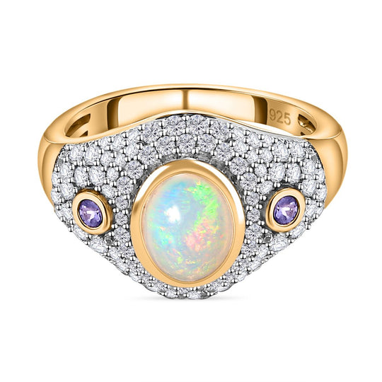 AA Natürlicher, äthiopischer Welo Opal, Tansanit Ring, 925 Silber Gelbgold Vermeil, (Größe 21.00), ca. 2.28 ct