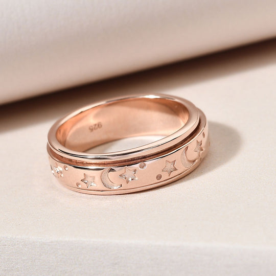 Handgearbeiteter Spinning-Ring mit Mond und Sterne-Motiv in 925 Silber Roségold (Größe 21.00)