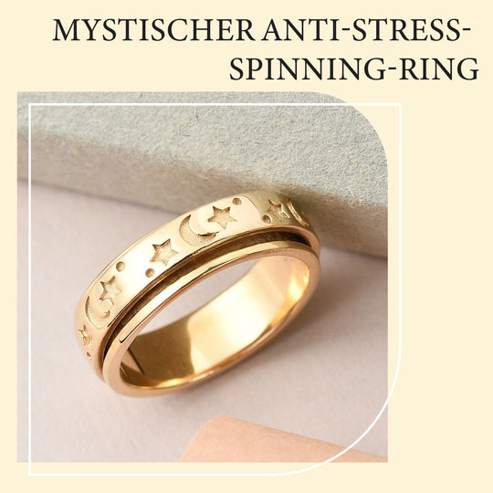 Handgearbeiteter Spinning-Ring mit Mond und Sterne-Motiv in 925 Silber vergoldet (Größe 21.00)