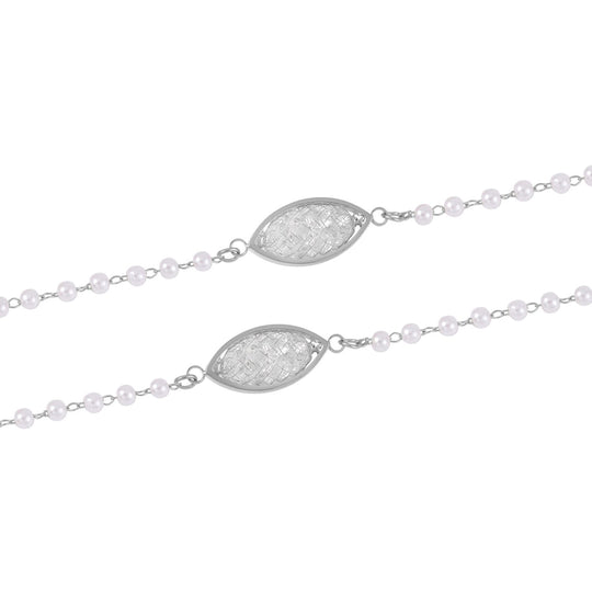 Kunststoff Perle und weiße Kristall 75+5cm Halskette, Messing in Silberton