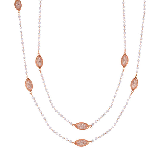 Kunststoff Perle und weiße Kristall 75+5cm Halskette, Messing in Roségoldton