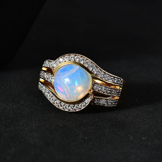 Natürlicher, äthiopischer Welo Opal, Weißer Zirkon Ring, 925 Silber Gelbgold Vermeil, (Größe 19.00) ca. 3.15 ct